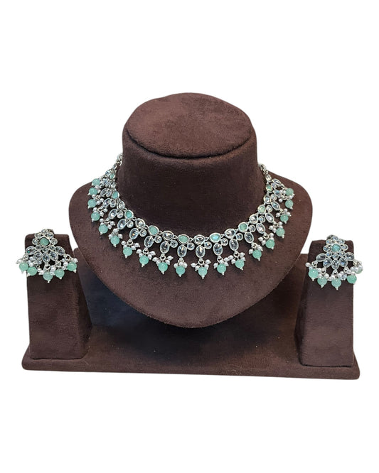 Sea Green - Large Size Silver Finish Necklace Set with Earrings. - KAJ1031 KYp - Prachy Creations