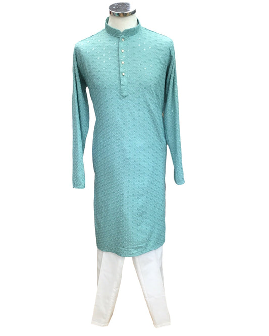 Sea Green - Lucknowi Sequins Mens Indian Kurta set - Weddings / Walimas , Sangeet, Eid, Mehndi / Henna - YD2403 KT 0324 - Prachy Creations