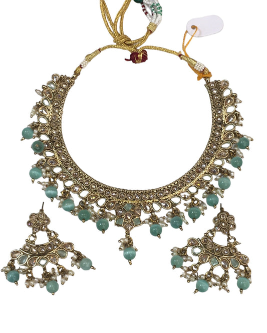 Sea Green - Medium Size Antique Gold Finish Necklace Set with Earrings - HR1008 KK 0424 - Prachy Creations