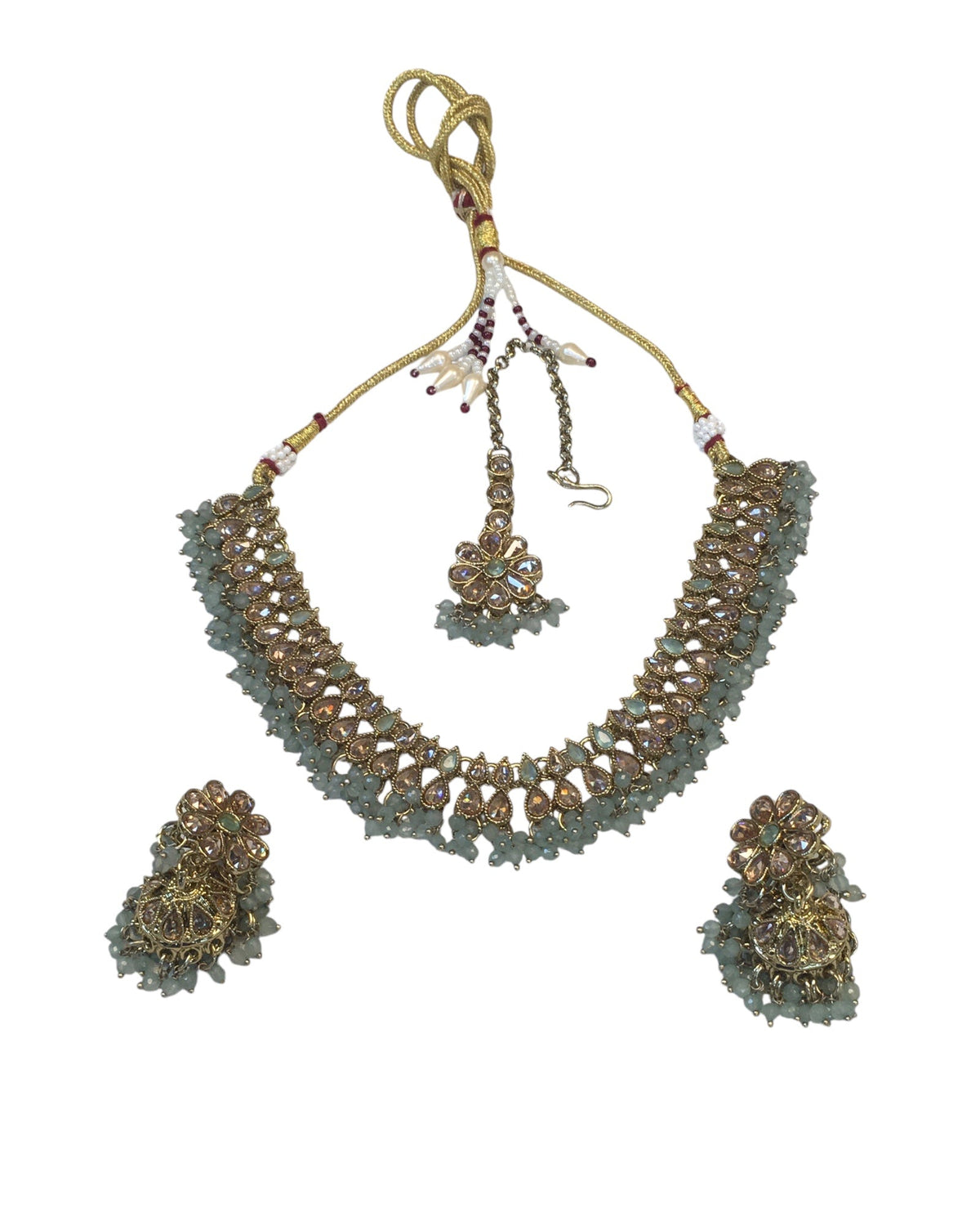 Sea Green - Medium Size Antique Gold Finish Necklace Set with Earrings - PRI1763 11H24 - Prachy Creations