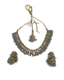 Sea Green - Medium Size Antique Gold Finish Necklace Set with Earrings - PRI1763 11H24 - Prachy Creations