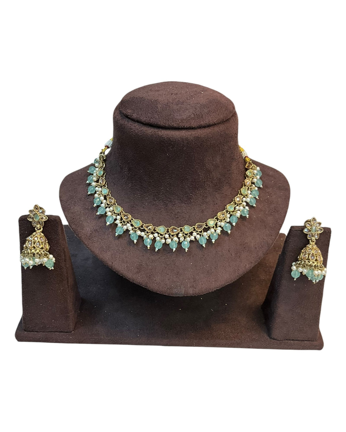 Sea Green - Medium Size Antique Gold Finish Necklace Set with Earrings - RAK375 Pp - Prachy Creations