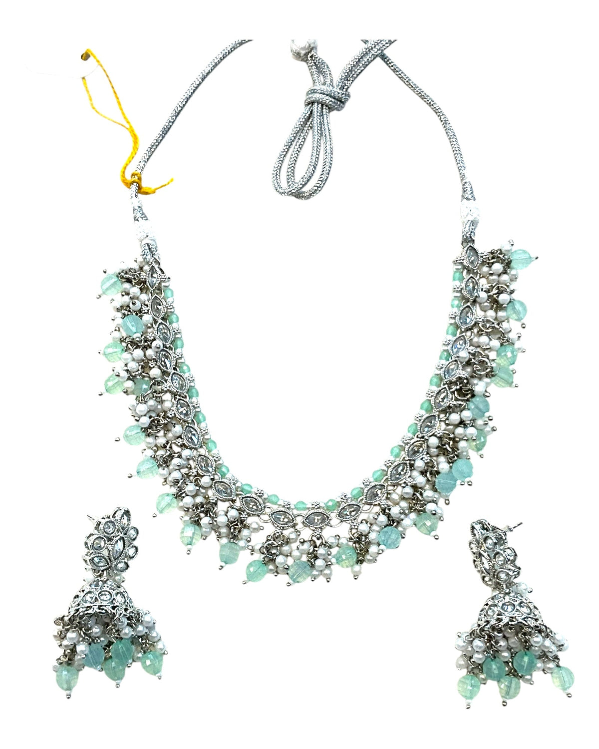 Sea Green - Medium Size Silver Finish Necklace Set with Earrings - RAK415 08A25 - Prachy Creations