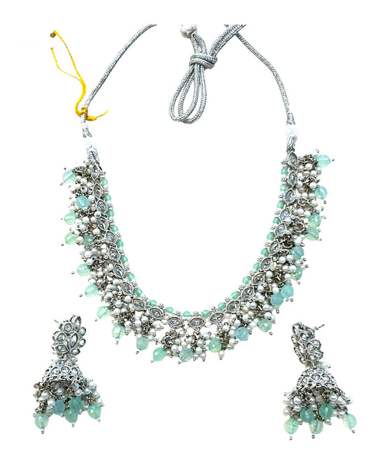 Sea Green - Medium Size Silver Finish Necklace Set with Earrings - RAK415 08A25 - Prachy Creations