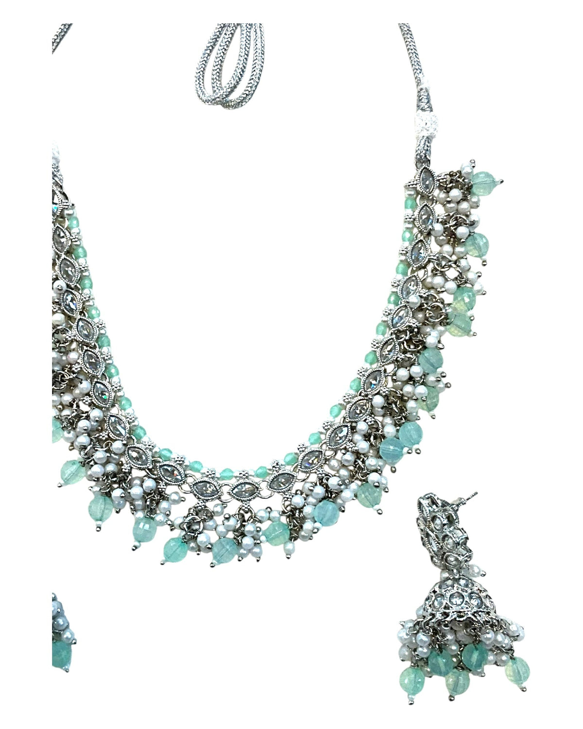 Sea Green - Medium Size Silver Finish Necklace Set with Earrings - RAK415 08A25 - Prachy Creations