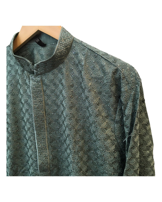Sea Green - Rich Sequins Lucknowi Chiffon Mens Indian Kurta Set with Smart Pants - Weddings / Walimas , Sangeet, Eid, Mehndi / Henna - YD2501 KC 0225 - Prachy Creations