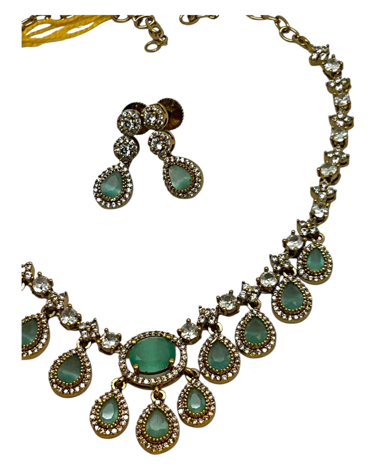 Sea Green - Small - Antique Gold Finish Necklace Set with Earrings & - AE2521 08KK25 - Prachy Creations