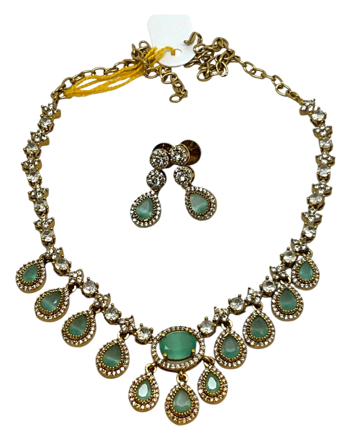 Sea Green - Small - Antique Gold Finish Necklace Set with Earrings & - AE2521 08KK25 - Prachy Creations