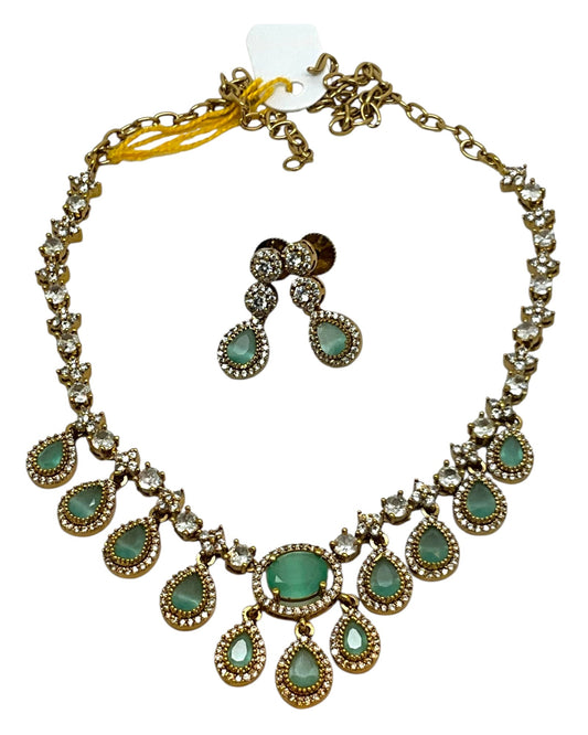 Sea Green - Small - Antique Gold Finish Necklace Set with Earrings & - AE2521 08KK25 - Prachy Creations