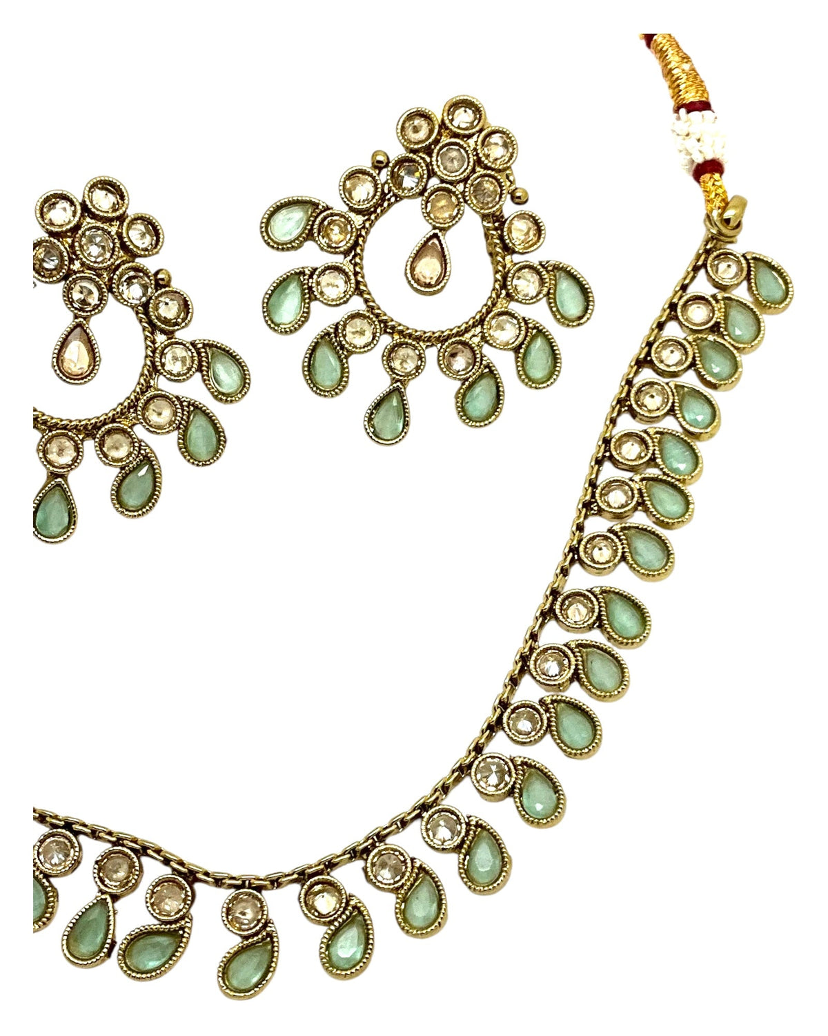 Sea Green - Small Size Antique Gold Finish Necklace Set with Earrings - Bollywood - AE2519 08C25 - Prachy Creations