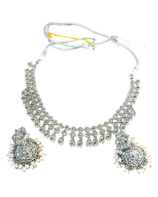 Silver / Clear - Medium Size Silver Finish Necklace Set with Earrings - SJ06 08H25 - Prachy Creations