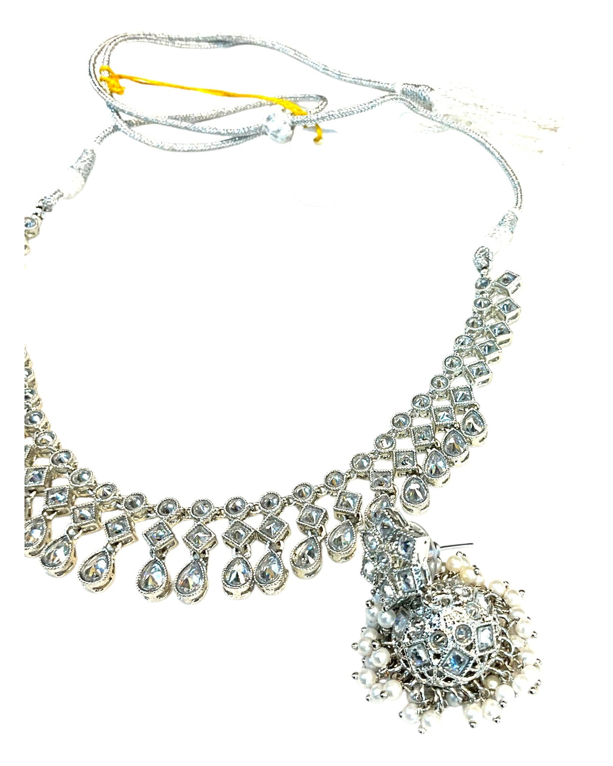 Silver / Clear - Medium Size Silver Finish Necklace Set with Earrings - SJ06 08H25 - Prachy Creations