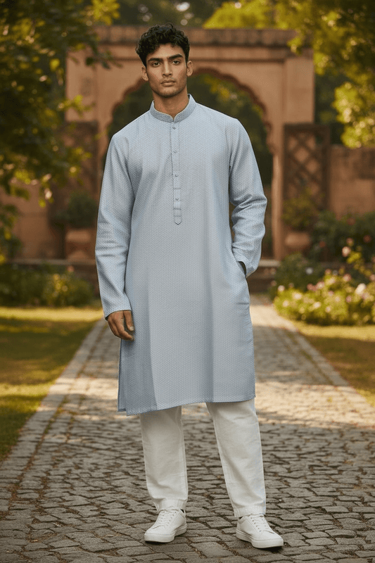 Silver Grey - Banarasi Handloom Brocade Mens Indian Kurta set - UK Stock - Weddings / Walimas , Sangeet, Diwali, Eid, Mehndi / Henna - VEE1642 KJ - Prachy Creations