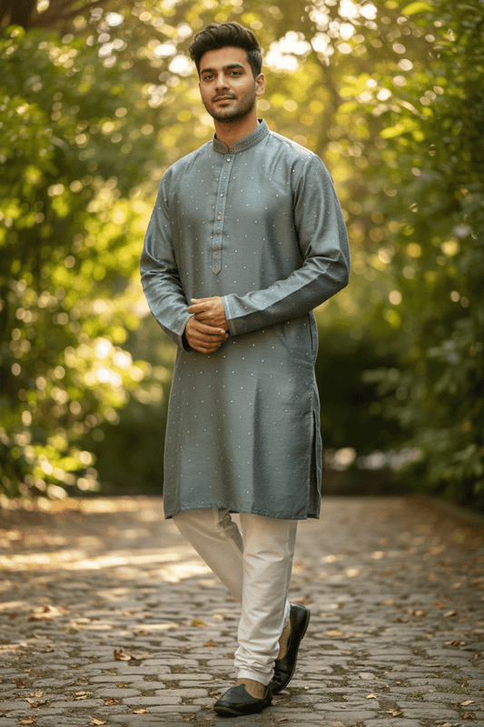 Silver Grey - Banarasi Handloom Brocade Mens Indian Kurta set with Trousers - UK Stock - Weddings / Walimas , Sangeet, Diwali, Eid, Mehndi / Henna - VEE2443 VR - Prachy Creations