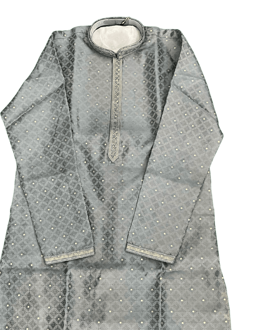 Silver / Grey - Banarasi Handloom Brocade Mens Indian Kurta set with Trousers - UK Stock - Weddings / Walimas , Sangeet, Diwali, Eid, Mehndi / Henna - VEE2602 VA - Prachy Creations