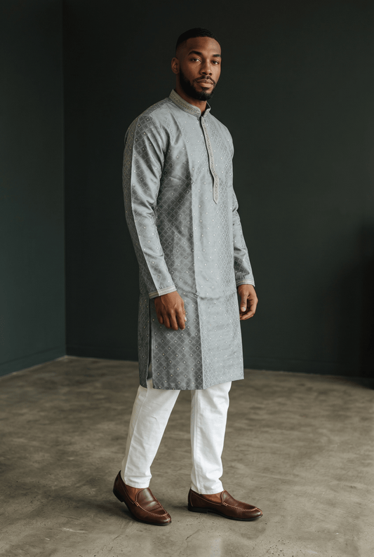 Silver / Grey - Banarasi Handloom Brocade Mens Indian Kurta set with Trousers - UK Stock - Weddings / Walimas , Sangeet, Diwali, Eid, Mehndi / Henna - VEE2602 VA - Prachy Creations