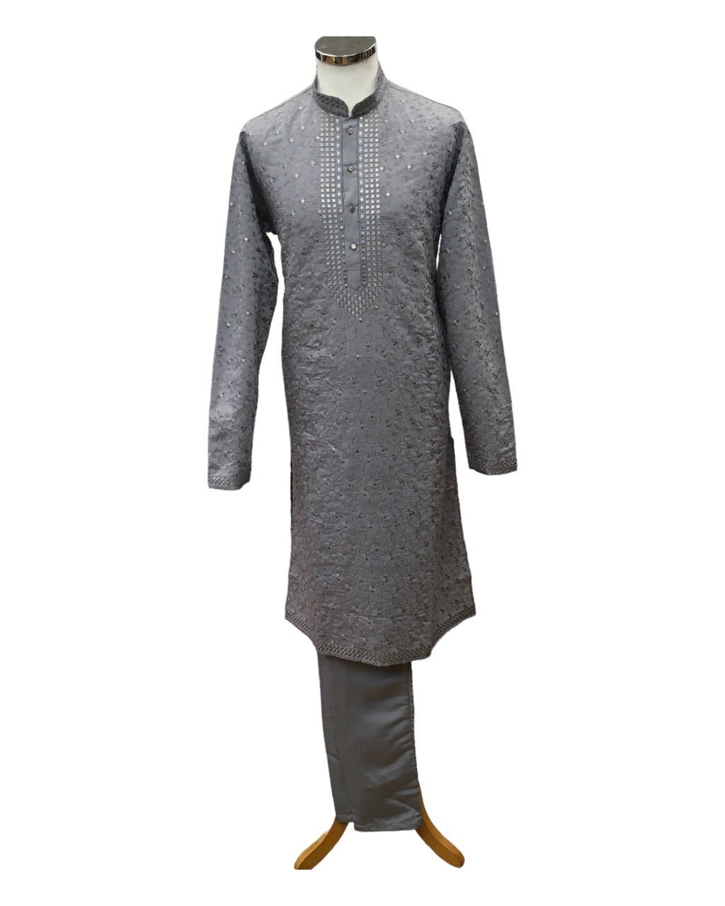 Silver / Grey - Cotton Silky Self Brocade Mens Kurta Set - Sangeet Mehendi Haldi - KCS1193 VC 1123 - Prachy Creations