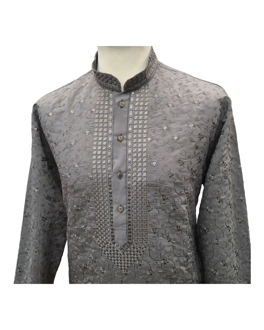 Silver / Grey - Cotton Silky Self Brocade Mens Kurta Set - Sangeet Mehendi Haldi - KCS1193 VC 1123 - Prachy Creations