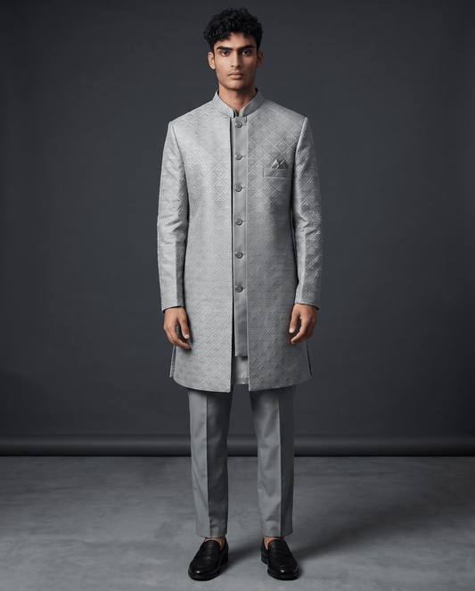 Silver Grey - Mens Double Layered Sherwani / Indo-Western - Fantastic Value - KCS6625 06TT26 - Prachy Creations