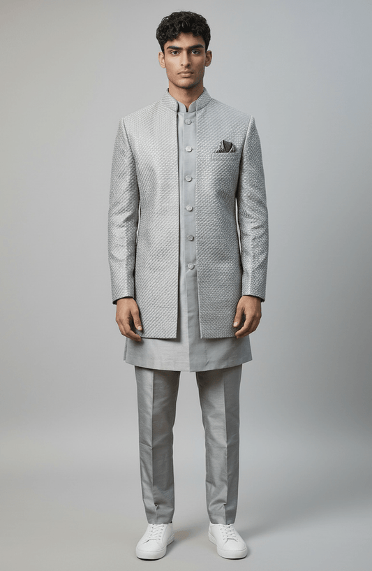 Silver / Grey - Mens Knee Length Jacket with Long Waistcoat - Sherwani / Indo-Western - Fantastic Fit - KCS6600 03PV26 - Prachy Creations