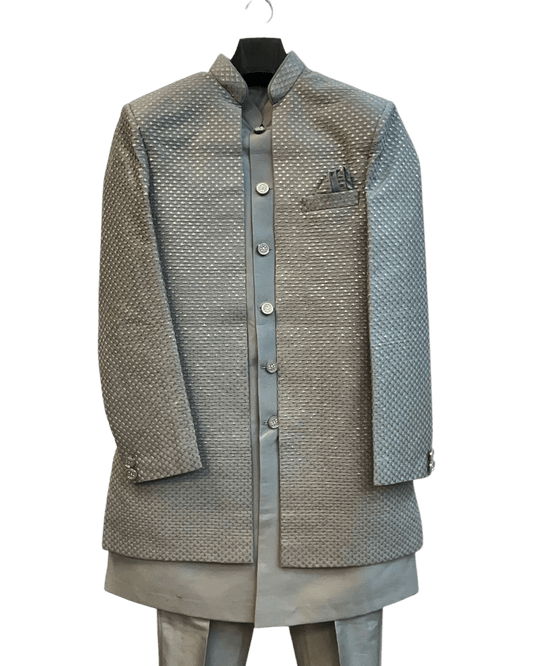 Silver / Grey - Mens Knee Length Jacket with Long Waistcoat - Sherwani / Indo-Western - Fantastic Fit - KCS6600 03PV26 - Prachy Creations