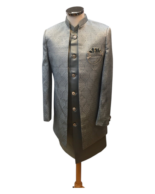 Silver Grey - PREMIUM Mens Knee Length Jacket with Long Waistcoat - Fantastic Fit - KCS6150 02RK25 - Prachy Creations