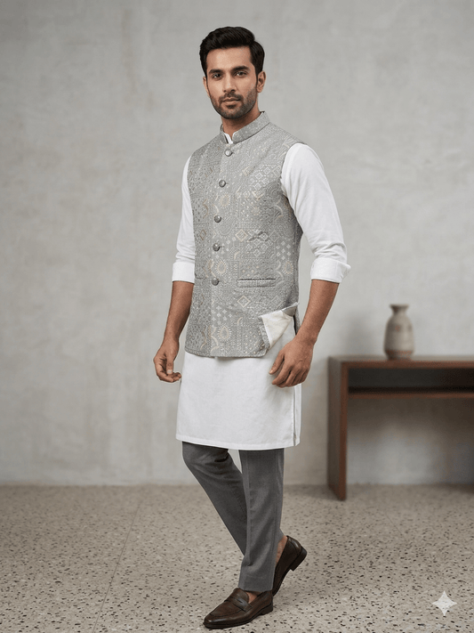 Silver Grey - Rich All Over Embroidered - Mens Indian Waistcoat - UK Stock - 24 hr Dispatch - KCS4088 06VV26 - Prachy Creations