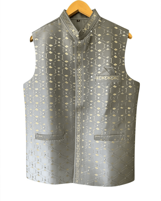 Silver / Light Grey - Mirror Work All Over Embroidered - Mens Indian Waistcoat - UK Stock - 24 hr Dispatch - KCS4782 03KP26 - Prachy Creations