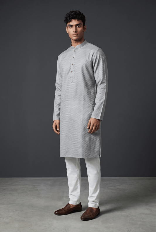Silver / Light Grey - Self Woven Brocade Mens Indian Kurta set - UK Stock - Weddings / Walimas , Sangeet, Diwali, Eid, Mehndi / Henna - VEE3111 KR - Prachy Creations