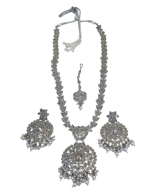 Silver & Pearls - Silver Finish Long Necklace set - Bollywood - Weddings - KAJ1047 11KA24 - Prachy Creations