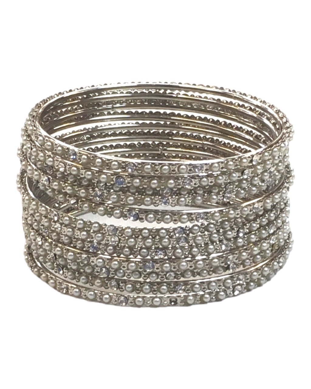 Silver - Set of 12 Stone / Pearl Bangles - Silver Finish (Pair) - JAN739 Vp 0923 - Prachy Creations