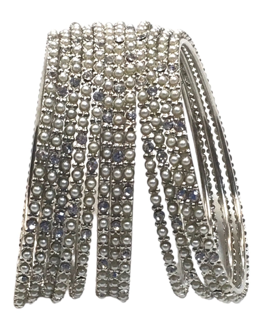 Silver - Set of 12 Stone / Pearl Bangles - Silver Finish (Pair) - JAN739 Vp 0923 - Prachy Creations