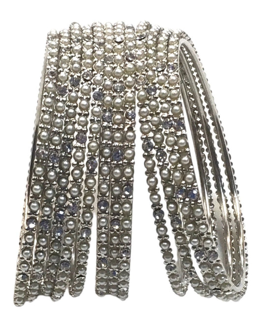 Silver - Set of 12 Stone / Pearl Bangles - Silver Finish (Pair) - JAN739 Vp 0923 - Prachy Creations
