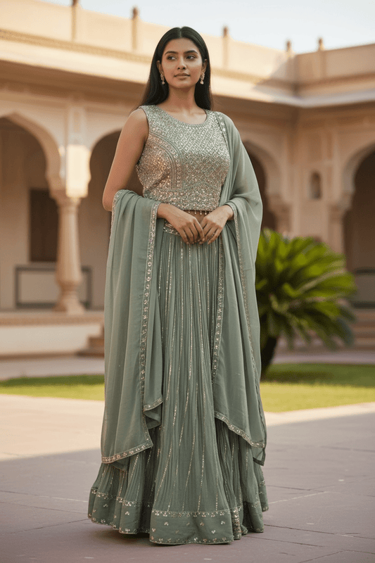 Size 10 / 36" Bust - Sage Green - Ready Made Lehenga Set - UK Stock - 24h Dispatch - KTC2501 19 VT 0125 - Prachy Creations