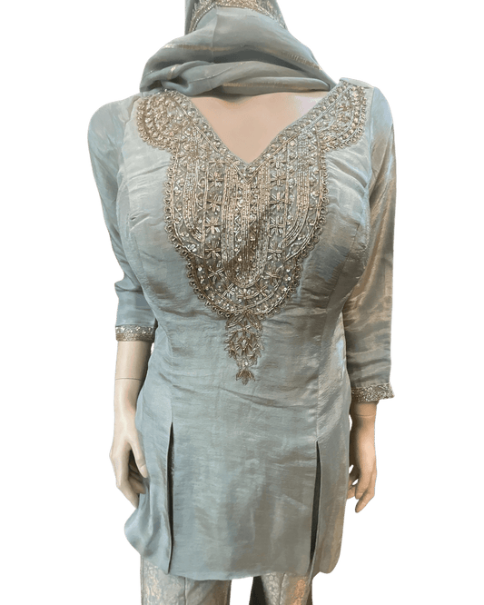 Size 12 (38") - Sage Green - Designer Ladies Mid Length Top Palazzo Trousers Suit - VMK Zareen RY - Prachy Creations