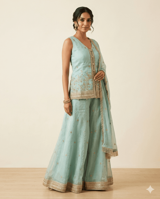 Size 12 (38") - Sea Green - Designer Ladies Mid Length Top Palazzo Trousers Suit - VMK Rachel AY - Prachy Creations