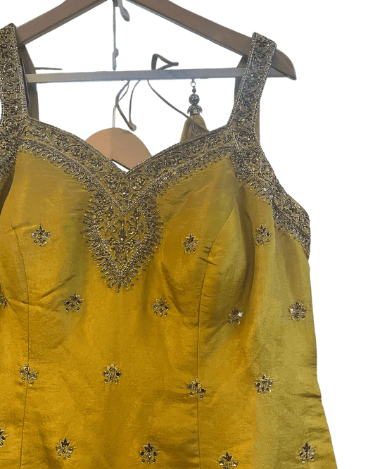 Size 18 (44") - Haldi Yellow - Designer Ladies Medium Length Sleeveless Top Palazzo Trousers Suit - VMK Varuna RA - Prachy Creations