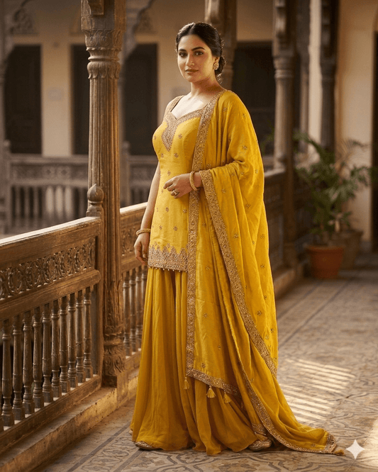 Size 18 (44") - Haldi Yellow - Designer Ladies Medium Length Sleeveless Top Palazzo Trousers Suit - VMK Varuna RA - Prachy Creations