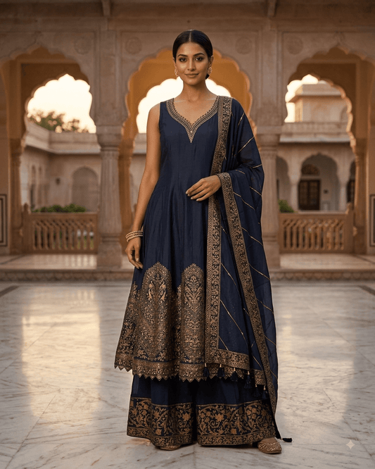 Size 20 (46") - Navy Blue - Designer - Ladies Long Top Anarkali Trousers Suit - VMK Bandhan CY - Prachy Creations