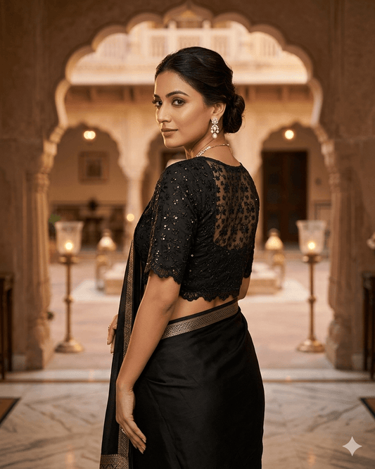 Size 34" / UK 8 - Black - Rich Net Lace Saree blouse with cups - UK Stock - Quick Delivery - RNK - N621-KJ - Prachy Creations