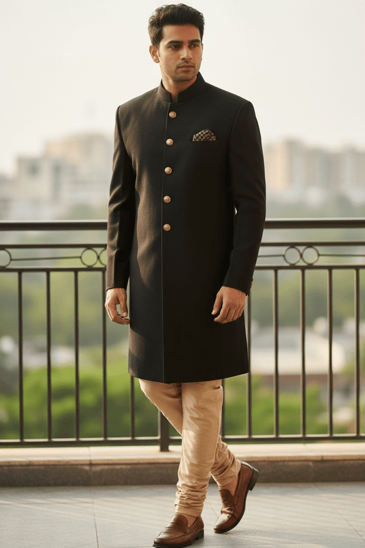 Size 36" - Mens Simple Black Sherwani with Gold Buttons - VL2109RP 0921 - Prachy Creations