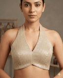Size 36" / UK 10 - Gold - Shimmery Crinkle Halter Neck Saree blouse with cups - UK Stock - Quick Delivery - RNK - R999A-KJ - Prachy Creations