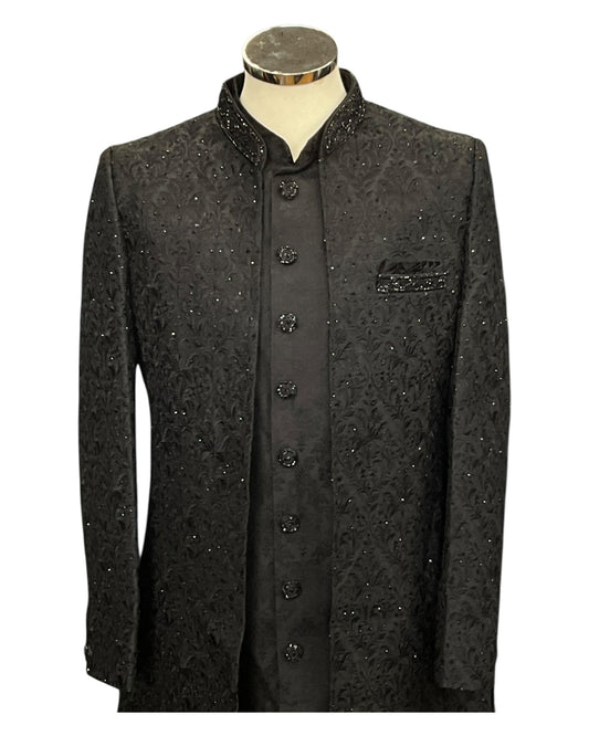 Size 40" - Black - Rich Banarasi Stone Work Double Layer Sherwani - UK Stock - BS1034 08KVY25 - Prachy Creations