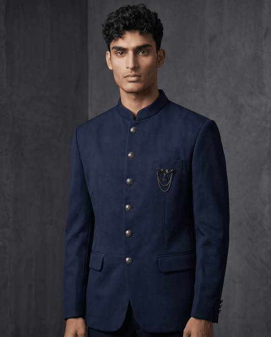 Size 40" Chest - Navy Blue - PREMIUM Slim Fit Mens Jute BandhGala / Prince / Chinese Collar Jacket - Fantastic Fit - CS2604 TA - Prachy Creations