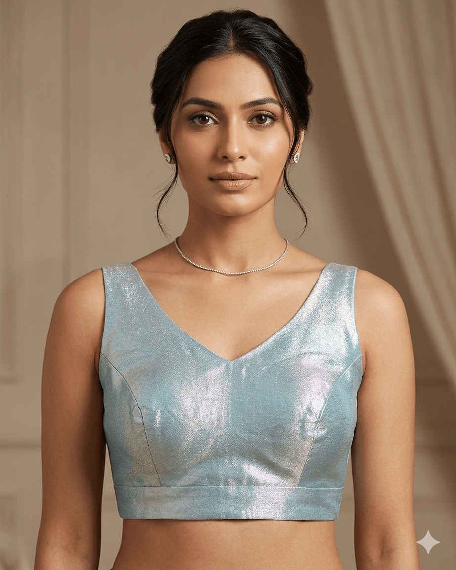 Size 40" / UK 14 - Light Blue - Silky Saree blouse with cups, Sleeveless - UK Stock - Quick Delivery - RNK - R722A-KY - Prachy Creations