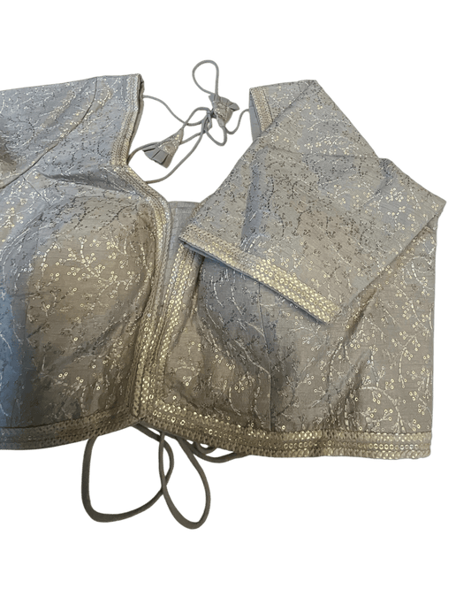 Size 40" / UK 14 - Silver Grey - Rich Silky Embroidered Saree blouse with cups - UK Stock - Quick Delivery - RNK - R885-KC - Prachy Creations