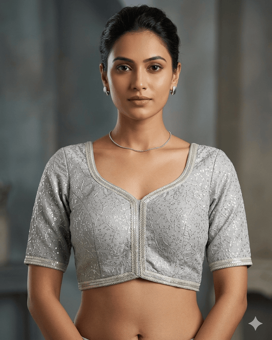 Size 40" / UK 14 - Silver Grey - Rich Silky Embroidered Saree blouse with cups - UK Stock - Quick Delivery - RNK - R885-KC - Prachy Creations