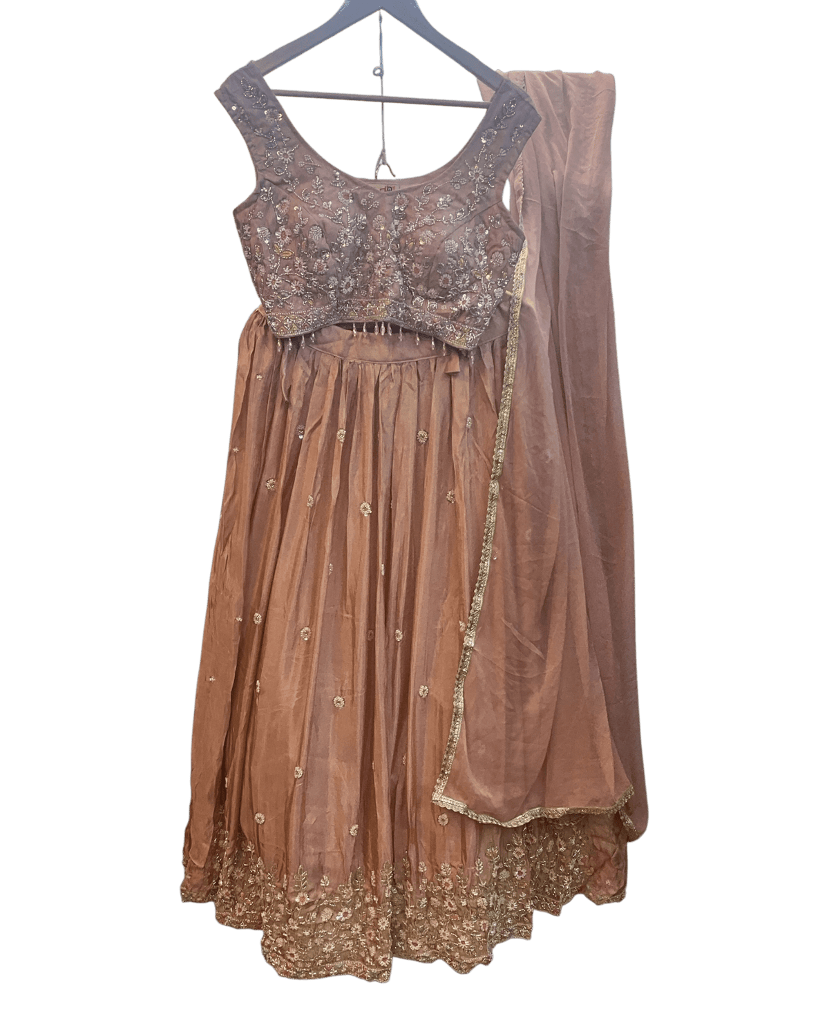 Size UK 10 (36" Bust) Adjustable to Size 12 - Pastel Coral Pink / Peach - Silky Lehenga Set - Mehndi / Sangeet / Bridesmaids / Weddings / Garba - UK Stock - 24h Dispatch - KM557 07TP26 - Prachy Creations