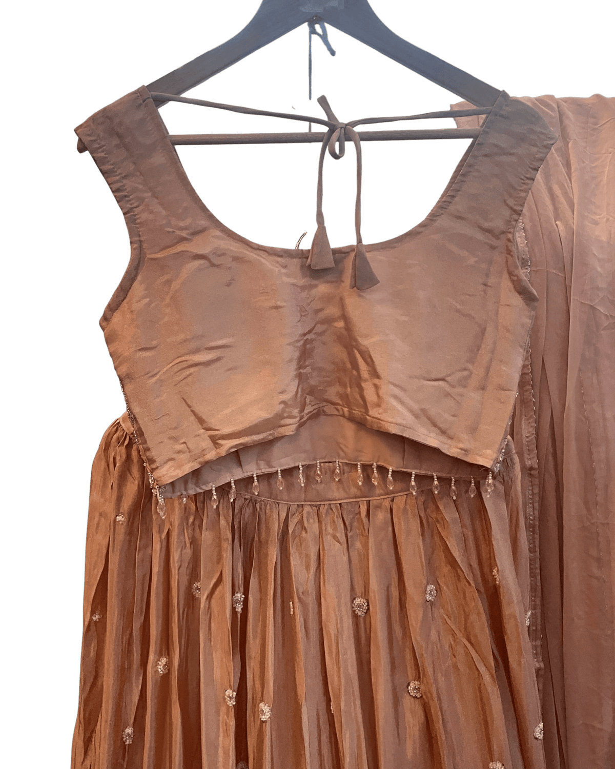 Size UK 10 (36" Bust) Adjustable to Size 12 - Pastel Coral Pink / Peach - Silky Lehenga Set - Mehndi / Sangeet / Bridesmaids / Weddings / Garba - UK Stock - 24h Dispatch - KM557 07TP26 - Prachy Creations