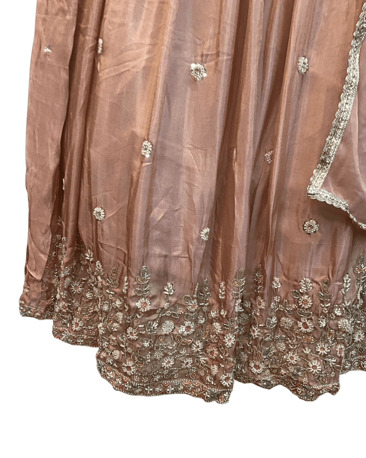 Size UK 10 (36" Bust) Adjustable to Size 12 - Pastel Coral Pink / Peach - Silky Lehenga Set - Mehndi / Sangeet / Bridesmaids / Weddings / Garba - UK Stock - 24h Dispatch - KM557 07TP26 - Prachy Creations